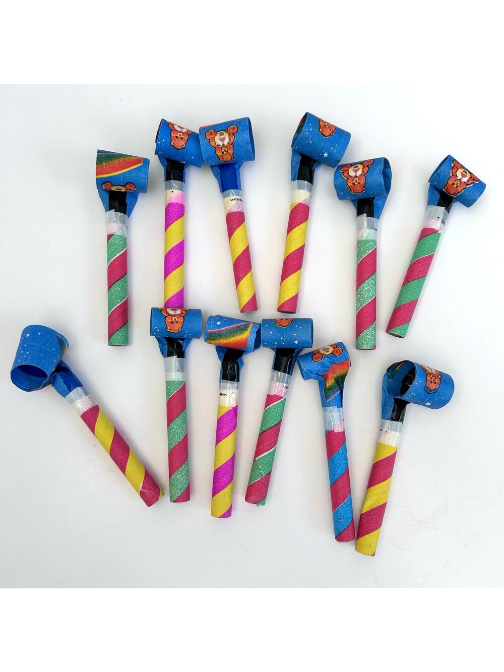 12 Vintage Care Bear Paper Party Blowers Rainbows and Candy Stripes